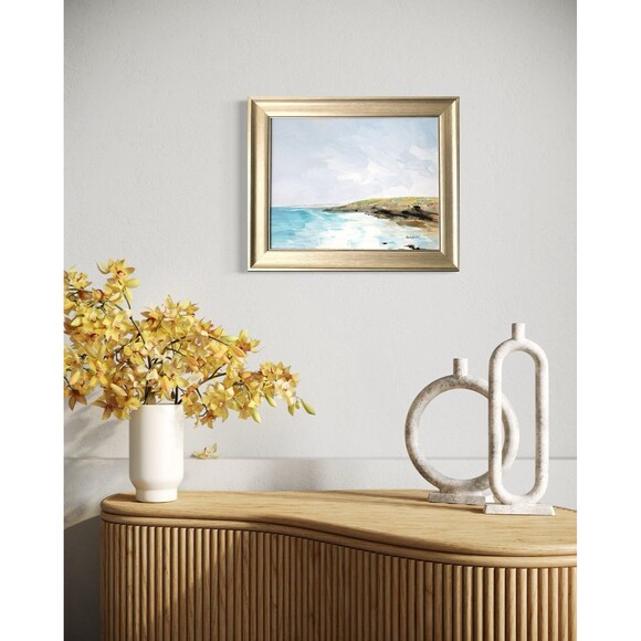 Gold Framed Original Oil Painting Coastal Seascape Blue Sky Water 14x17" Signed - Picture 8 of 10